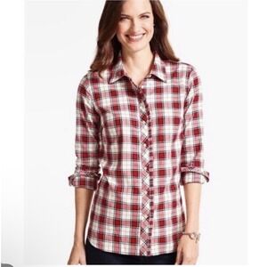 Talbots Red Plaid Shimmer Ruffle Button Blouse Shirt Long Sleeve Xmas Sz L NEW